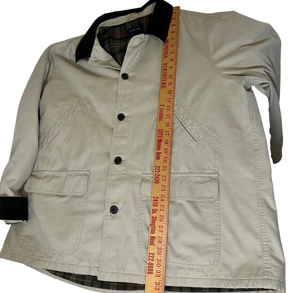 Lands End Mens XXL Barn Coat Canvas Field Jacket Khaki Plaid Removable Liner